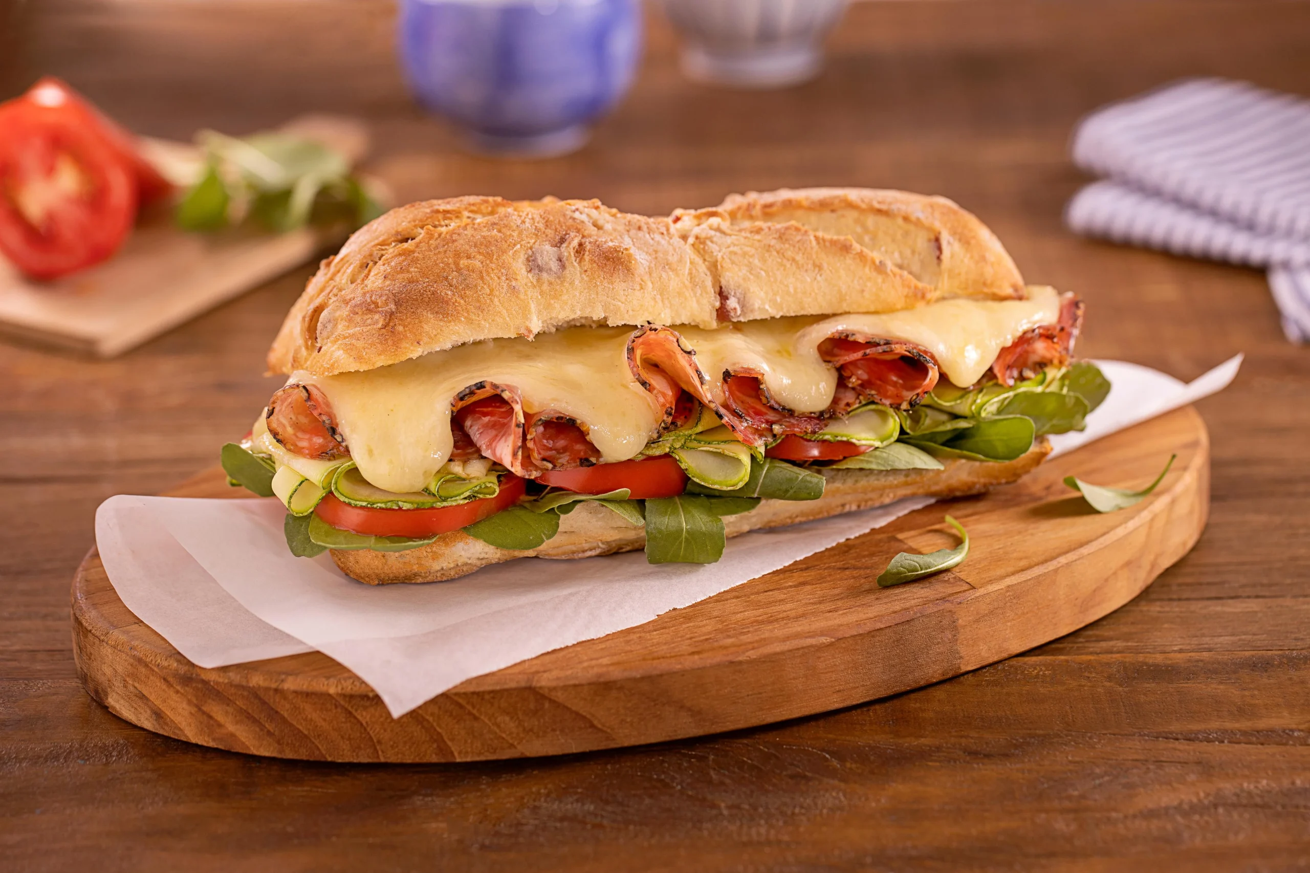 Na imagem, há um sanduíche italiano com pão ciabatta, queijo mussarela, alface e tomate