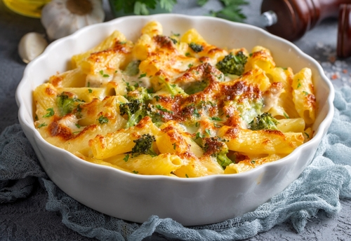 Na imagem, há um prato com macarrão tipo penne com queijo gratinado e brócolis