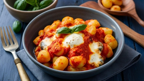 Na imagem, há um prato com nhoque com molho à bolonhesa